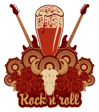 Vector banner for a rock pub with live music with an inscription and a picture of a full glass of beer, bull skull, acoustic guitars, speakers and red rosesのイラスト素材