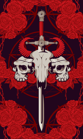 Vector emblem with a skull of a bull pierced by a sword and two human skulls with barbed wire on the background of a pentagram and red roses with drips of blood.のイラスト素材