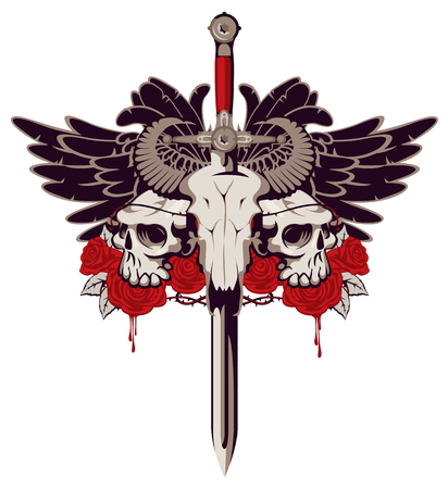 Vector emblem with a skull of a bull pierced by a sword and two human skulls with barbed wire on the background.のイラスト素材