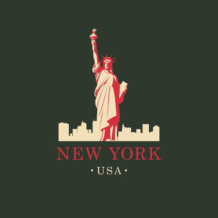 Vector travel banner. USA landmark Statue of Liberty in background of New York skylineのイラスト素材