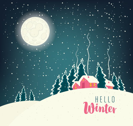 Vector winter night landscape with village in the snowy forest in a full moon. Inscription Hello Winterのイラスト素材