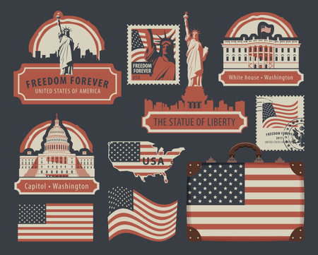 American symbols and architectural landmarks of the United States of America with USA flag in retro style.のイラスト素材