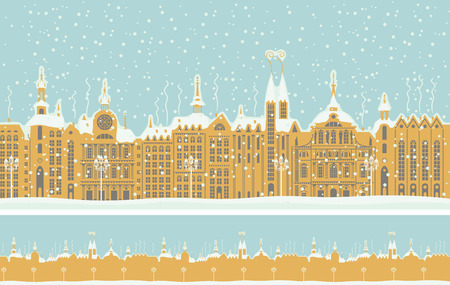 Vector seamless ornament with an old winter town in retro style. Old buildings of European city in winter in the snowのイラスト素材