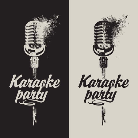 Vector set of two banners with microphone and inscription karaoke party on the abstract background with splashes and curls in grunge styleのイラスト素材