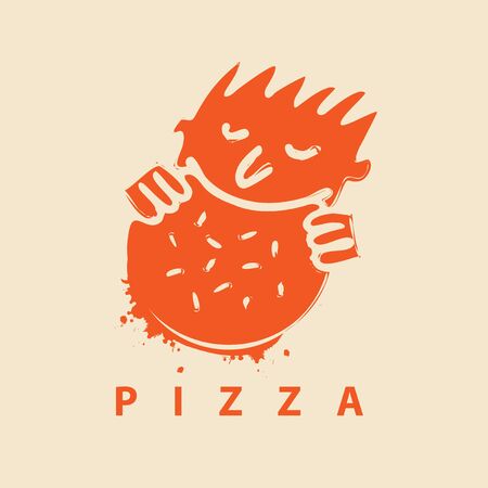 Vector banner or logo for pizza restaurant with the little man who eats pizza and inscription Pizzaのイラスト素材