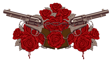 Vector illustration with two big old revolvers, red roses and barbed wire isolated on white background.のイラスト素材