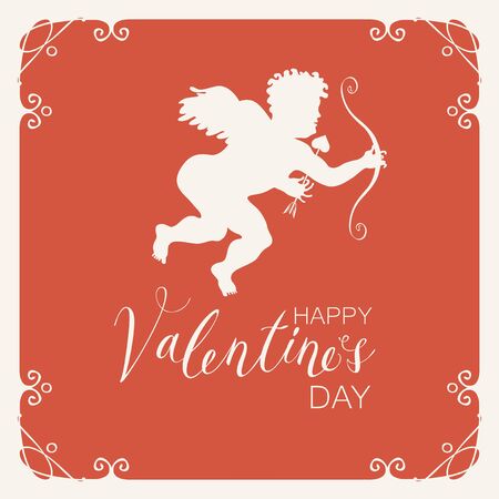 Greeting card or banner with Cupid with bow and arrow in a frame with curls vector. Handwritten calligraphic inscription positive quote Happy Valentine's Day.のイラスト素材