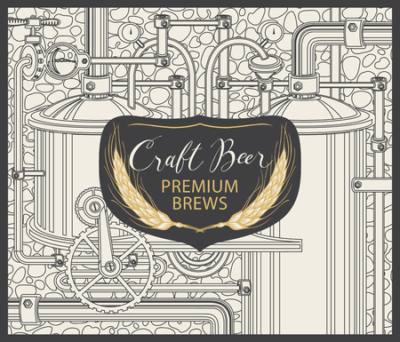 Banner for craft beer and brewery, with a handwritten inscription and spikelets on the background illustration of the production line of the brewery in retro style.のイラスト素材