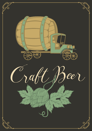 Vector banner for craft beer with a handwritten inscription, hops and a retro truck car with a big wooden barrel in frame with curls on black backgroundのイラスト素材