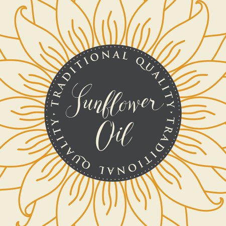 Square vector banner or label for sunflower oil with sunflower and handwritten inscription on a light backgroundのイラスト素材