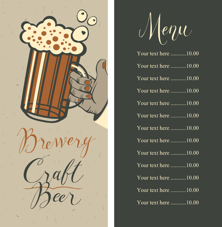 Vector beer menu with price list, and handwritten inscriptions Brewery, Craft beer. Illustration with a full glass of frothy beer in human hand on the old cardboard background in retro styleのイラスト素材