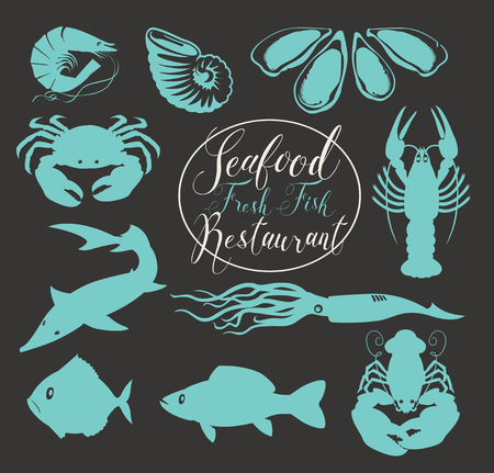 Vector set of drawings of underwater inhabitants on the theme of seafood, with handwritten inscriptions on black background in retro styleのイラスト素材