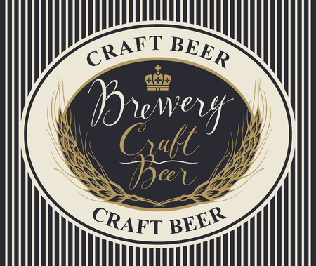 Template beer label with wheat ears and handwritten inscriptions in oval frame. Vector label or banner for craft beer and brewery on striped background in retro styleのイラスト素材