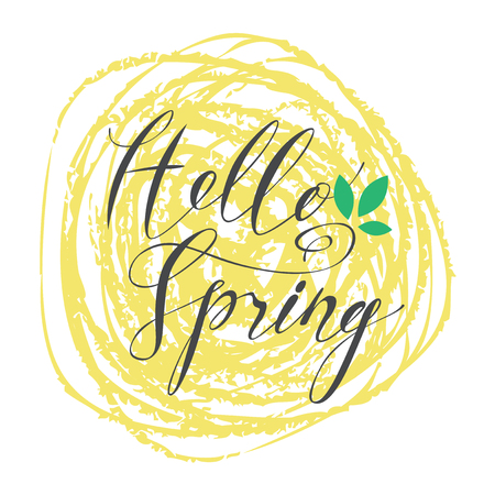 Black vector handwritten inscription Hello spring with green leaf on a background of lime green scribbles. Can be used for flyers, banners or posters.のイラスト素材