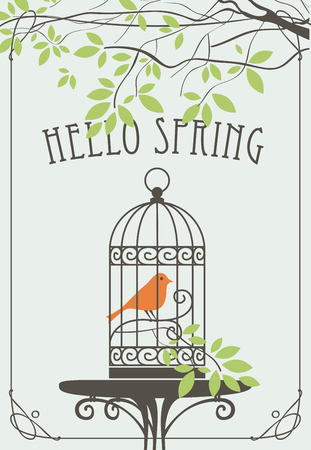 Vector banner with lettering Hello Spring. Spring landscape with the bird is in the cage on the table under the green branch of tree in frame with curlsのイラスト素材