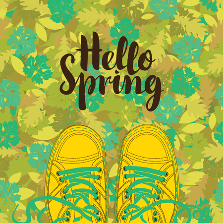 Spring banner with the words Happy Spring and yellow shoes on the background of seamless texture of green leaves of various shades.のイラスト素材