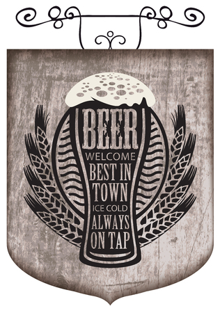 Vector street signboard or a banner for a beer with a wreath of wheat and overflowing beer glass with the words on the theme of beer on a wooden background in retro style.のイラスト素材