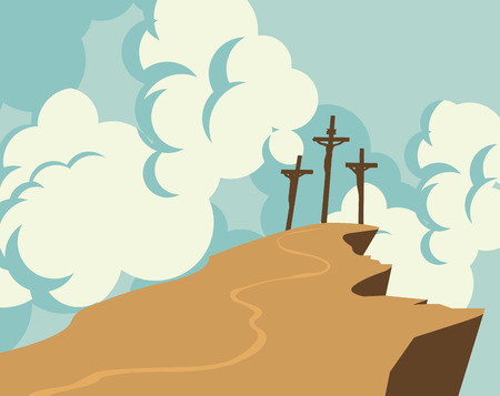 Vector banner on Easter or good Friday. Landscape with mount Calvary and three crosses with crucified people on a background of sky with cloudsのイラスト素材
