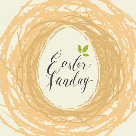 Vector greeting card with Easter egg in birds nest with handwritten inscription Easter Sunday in retro styleのイラスト素材