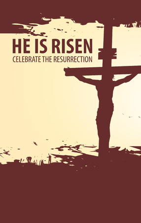 Vector banner for Easter or good Friday with words He is risen. The landscape on the religious theme with the silhouette of the cross with the crucifixのイラスト素材