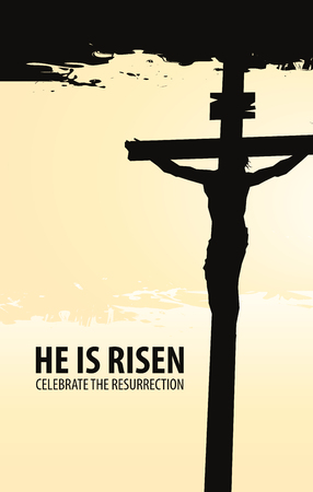 Vector banner for Easter or good Friday with words He is risen. The landscape on the religious theme with the silhouette of the cross with the crucifixのイラスト素材