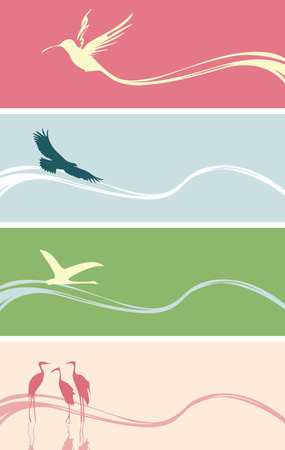 Set of vector banners or cards with silhouettes of various birds on abstract backgrounds with wavesのイラスト素材