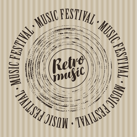 Vector banner with vinyl record, calligraphic inscription Retro music and the words Music festival, written around on striped backgroundのイラスト素材