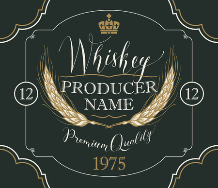 A Vector label for whiskey in the figured frame with crown, ears of barley and handwritten inscription on black background in retro styleのイラスト素材