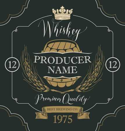 Vector label for whiskey in the figured frame with crown, ears of barley, wooden barrel and handwritten inscription on black background in retro styleのイラスト素材