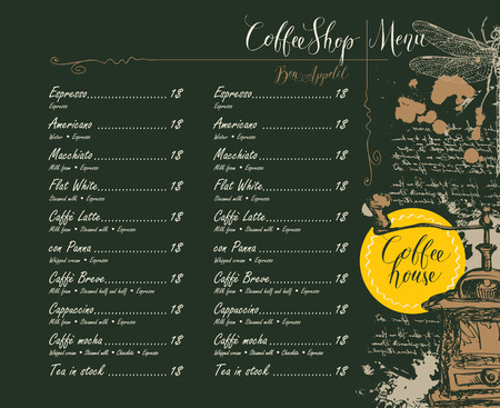 Vector menu for Coffee shop with price list with pencil drawing of coffee grinder, dragonfly and handwritten inscriptions on the abstract background of old manuscript with spots in retro styleのイラスト素材