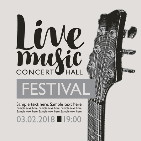 Vector banner for a music festival with the inscription Live music, neck of the guitar and place for text in retro style in grey colorsのイラスト素材