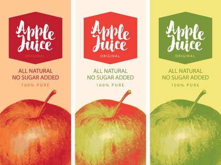 Vector set of labels for natural apple juice with a realistic image of an apple and handwritten inscriptionのイラスト素材
