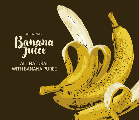 Vector banner for natural banana juice with a realistic image of ripe bananas and half peeled bananas and calligraphic inscription on black backgroundのイラスト素材