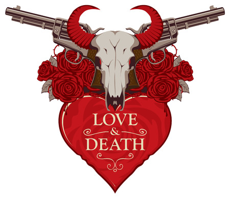 Vector banner on theme of love and death. Template for clothes, textiles, t-shirt design. Illustration with skull of bull, red heart, roses, old revolvers and barbed wire isolated on white backgroundのイラスト素材