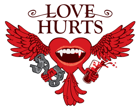 Vector banner with inscription on theme of love hurts. Template for clothes, textiles, t-shirt design. Illustration with winged heart, open handcuffs and vampire smileのイラスト素材