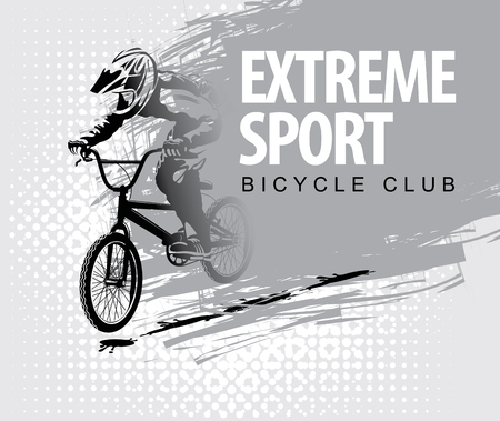 Vector banner or flyer with words Extreme sport and a cyclist on the bike. Abstract poster for bicycle club and promoting extreme mountain bikingのイラスト素材