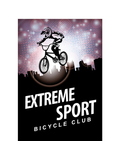 Vector banner or flyer with words Extreme sport and a cyclist on the bike. Abstract poster for bicycle club and promoting extreme mountain biking on urban backgroundのイラスト素材