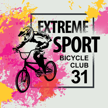Vector banner or flyer with words Extreme sport and a cyclist on the bike. Abstract poster for bicycle club and promoting extreme mountain bikingのイラスト素材