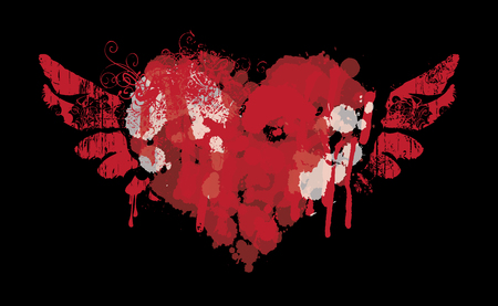 Red graphic abstract illustration of flying heart with wingsのイラスト素材