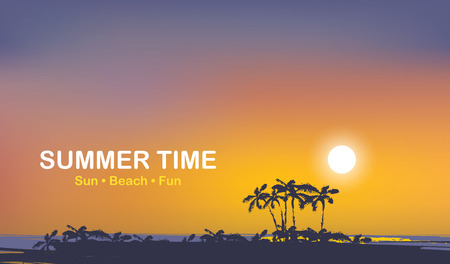 Vector travel banner with words Summer time. Tropical seascape with island silhouettes, palm trees and colorful sky at sunset. Summer poster, flyer, invitation, card.のイラスト素材