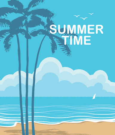 Vector travel banner with words Summer time. Tropical seascape with island silhouettes, palm trees and sailboat. Summer poster, flyer, invitation, card.のイラスト素材