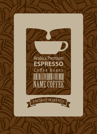 Vector label for coffee beans with cup and barcode in retro style on background with coffee beans. Espressoのイラスト素材