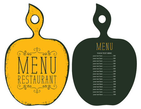 Vector template menu for the restaurant with price list in the form of figured wooden cutting board in retro styleのイラスト素材