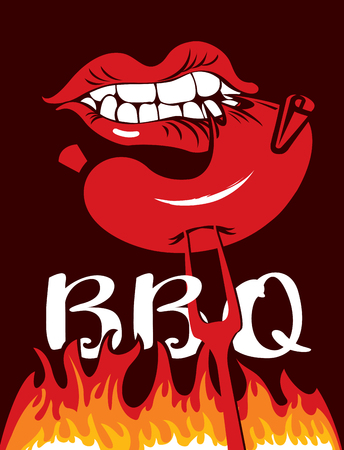Vector banner with flames and inscription BBQ. A flat illustration with a human mouth that bites a sausage from a forkのイラスト素材
