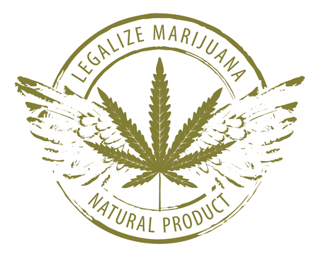 Vector banner for legalize marijuana with cannabis leaf and wings isolated on white background. Natural product of organic hemp. Smoke weed. Medical cannabis logoのイラスト素材
