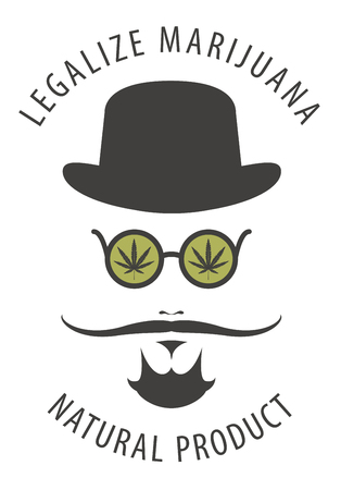 Vector banner for legalize marijuana with hipster portrait with mustache, hat and hemp leaves in round glasses. Natural product made from organic hemp. Smoking weed.のイラスト素材