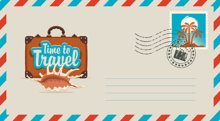 Postal envelope with stamp and rubber stamp. Illustration on the theme of travel with a suitcase and seashell and calligraphic inscription Time to travelのイラスト素材
