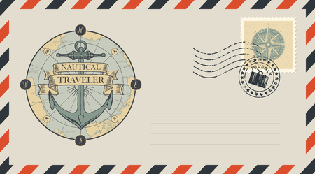 Postal envelope with stamp and rubber stamp. Illustration on the theme of travel, adventure and discovery with a ship anchor, old map, compass and ribbons with words Nautical, Travelerのイラスト素材