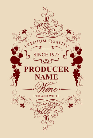 vintage wine label with calligraphic inscription, with floral and fruits ornaments in Baroque styleのイラスト素材