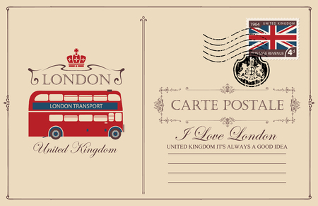Retro postcard with the London double decker. Vector postcard in vintage style with place for text, postage stamp with flag of United Kingdom and rubber stamp in form of royal coat of armsのイラスト素材